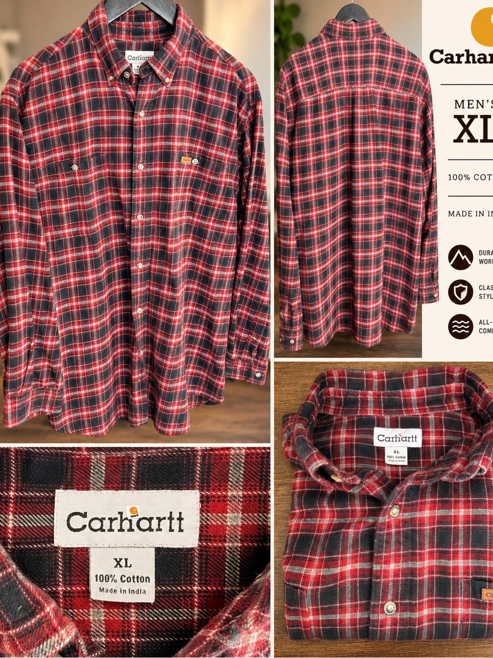 Carhartt Red and Black Plaid Button-Down Flannel Shirt